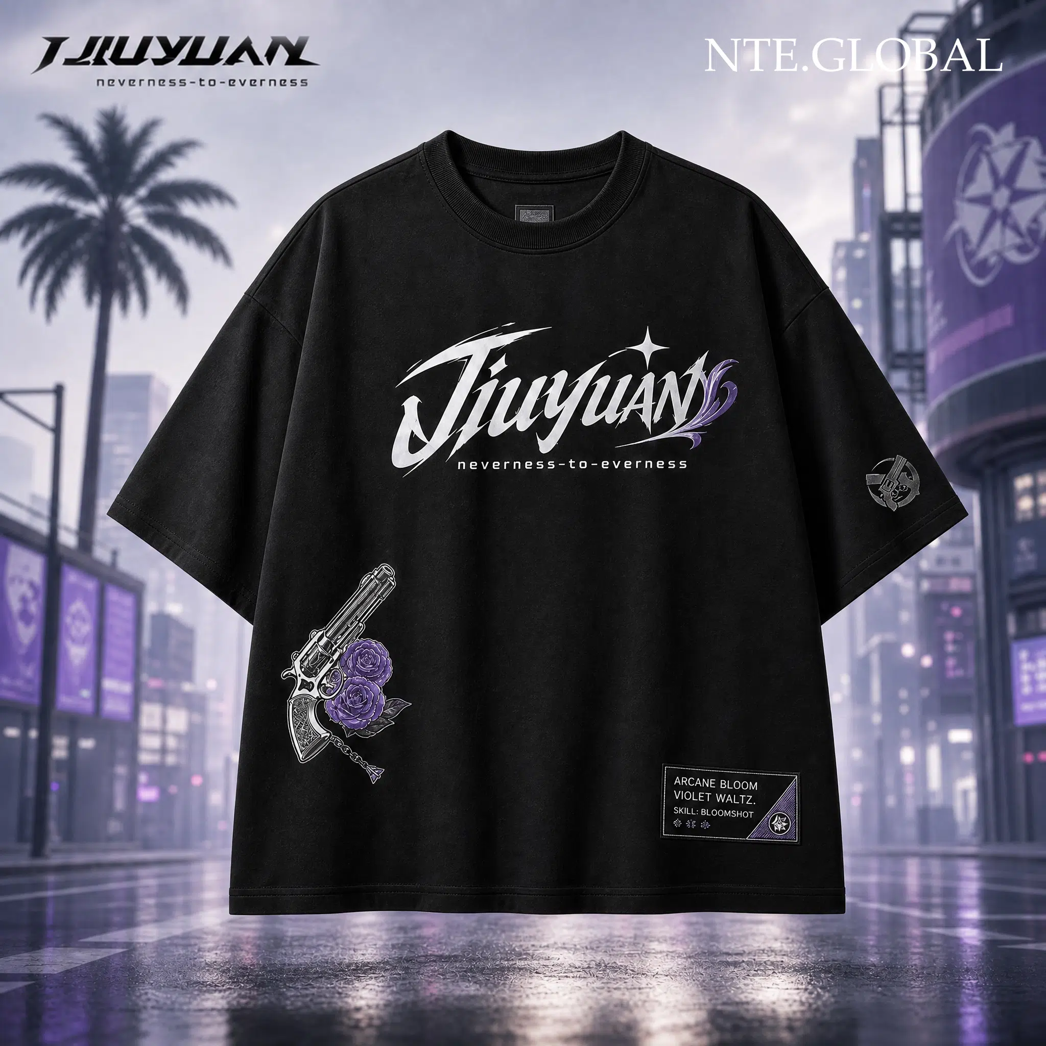 Jiuyuan NTE T-Shirt Violet Waltz Arcane Bloom Urban Pop Streetwear 구원 이환 굿즈 Neverness to Everness グッズ nte.global