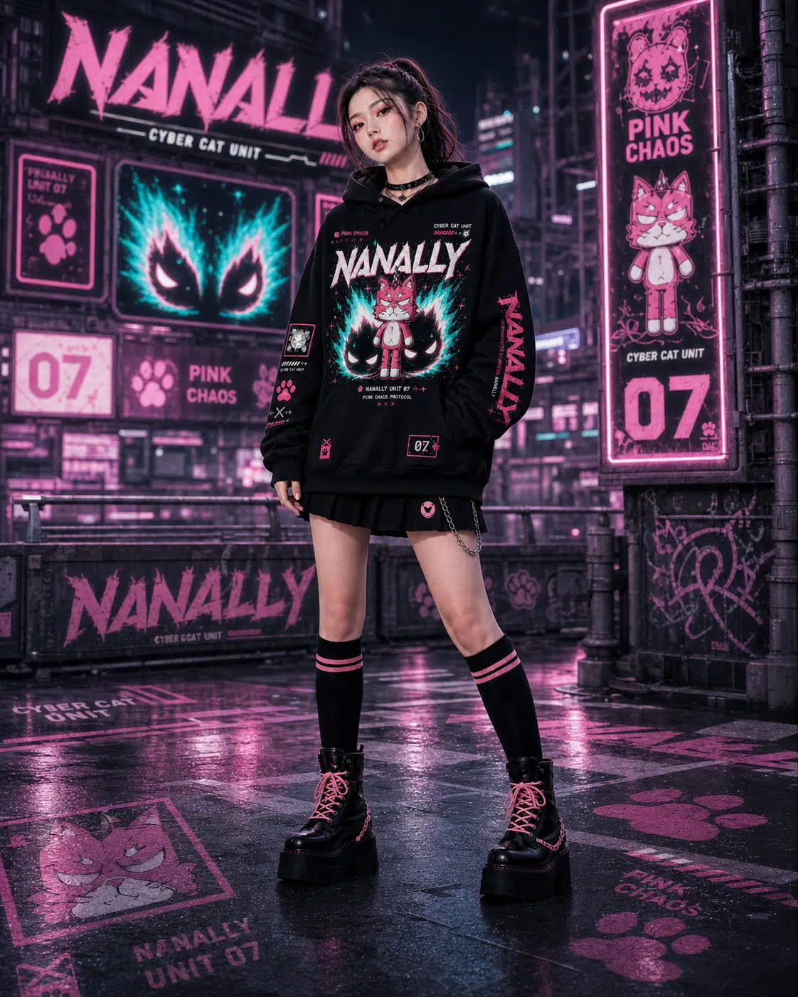 Neverness to Everness (NTE) Nanally “Pink Chaos” Urban-Pop Hoodie – Cyber Cat Unit Edition | nte.global