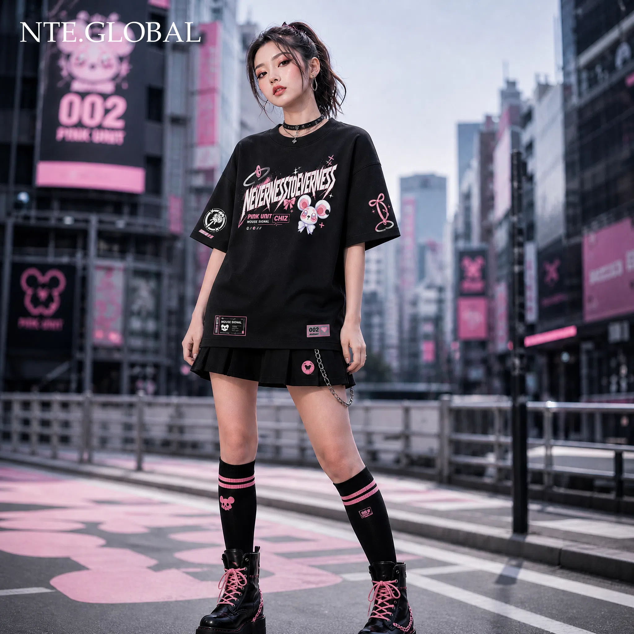 Neverness to Everness (NTE) Chiz “Pink Unit 002” Urban-Pop Hoodie – Mouse Signal Streetwear Edition 2 Chiz NTE Pink Unit 002 T-Shirt Mouse Signal Streetwear 치즈 이환 굿즈 nte.global
