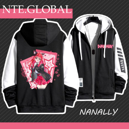 Neverness to Everness Nanally hooded jacket. Polyester zip-up casual anime merch with star prints. Perfect gift for NE anime fans |  | nte.global