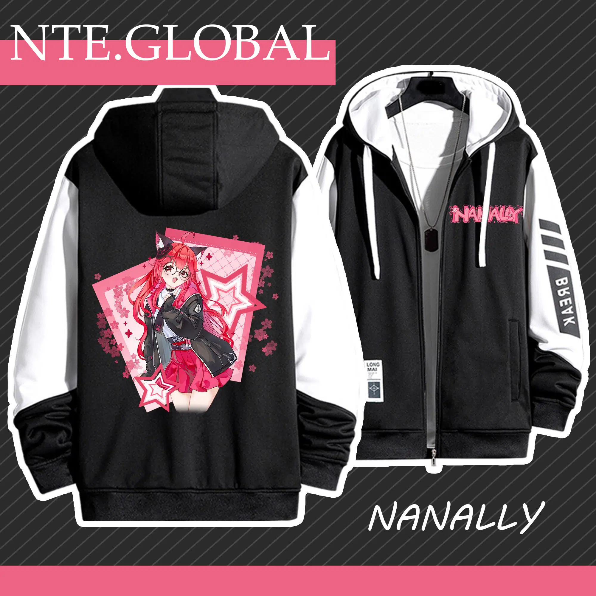 Neverness to Everness Nanally hooded jacket. Polyester zip-up casual anime merch with star prints. Perfect gift for NE anime fans | NTE グッズ 이환 굿즈 | nte.global Neverness to Everness Nanally hooded jacket. Polyester zip-up casual anime merch with star prints. Perfect gift for NE anime fans | | nte.global
