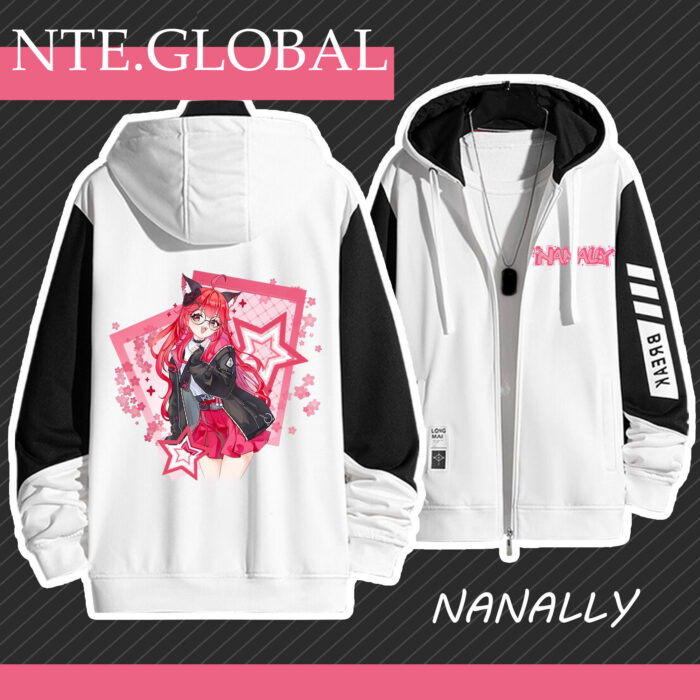Neverness to Everness Nanally hooded jacket. Polyester zip-up casual anime merch with star prints. Perfect gift for NE anime fans |  | nte.global