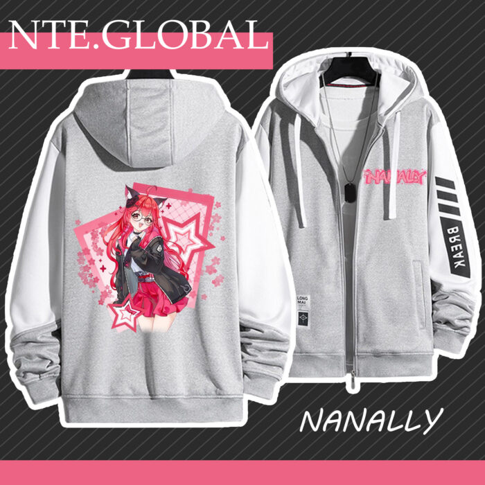 Neverness to Everness Nanally hooded jacket. Polyester zip-up casual anime merch with star prints. Perfect gift for NE anime fans |  | nte.global