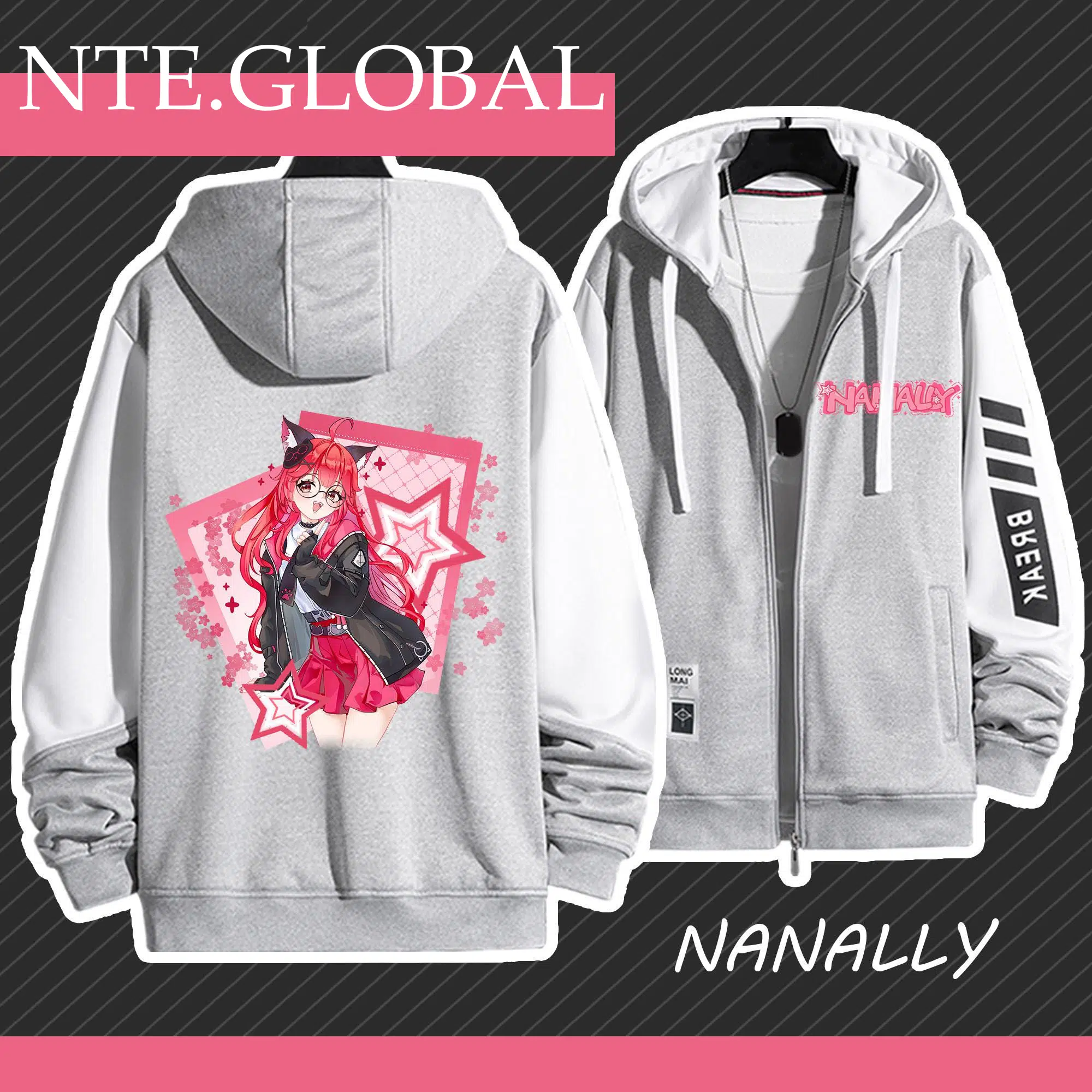 Neverness to Everness Nanally hooded jacket. Polyester zip-up casual anime merch with star prints. Perfect gift for NE anime fans | NTE グッズ 이환 굿즈 | nte.global Neverness to Everness Nanally hooded jacket. Polyester zip-up casual anime merch with star prints. Perfect gift for NE anime fans | | nte.global