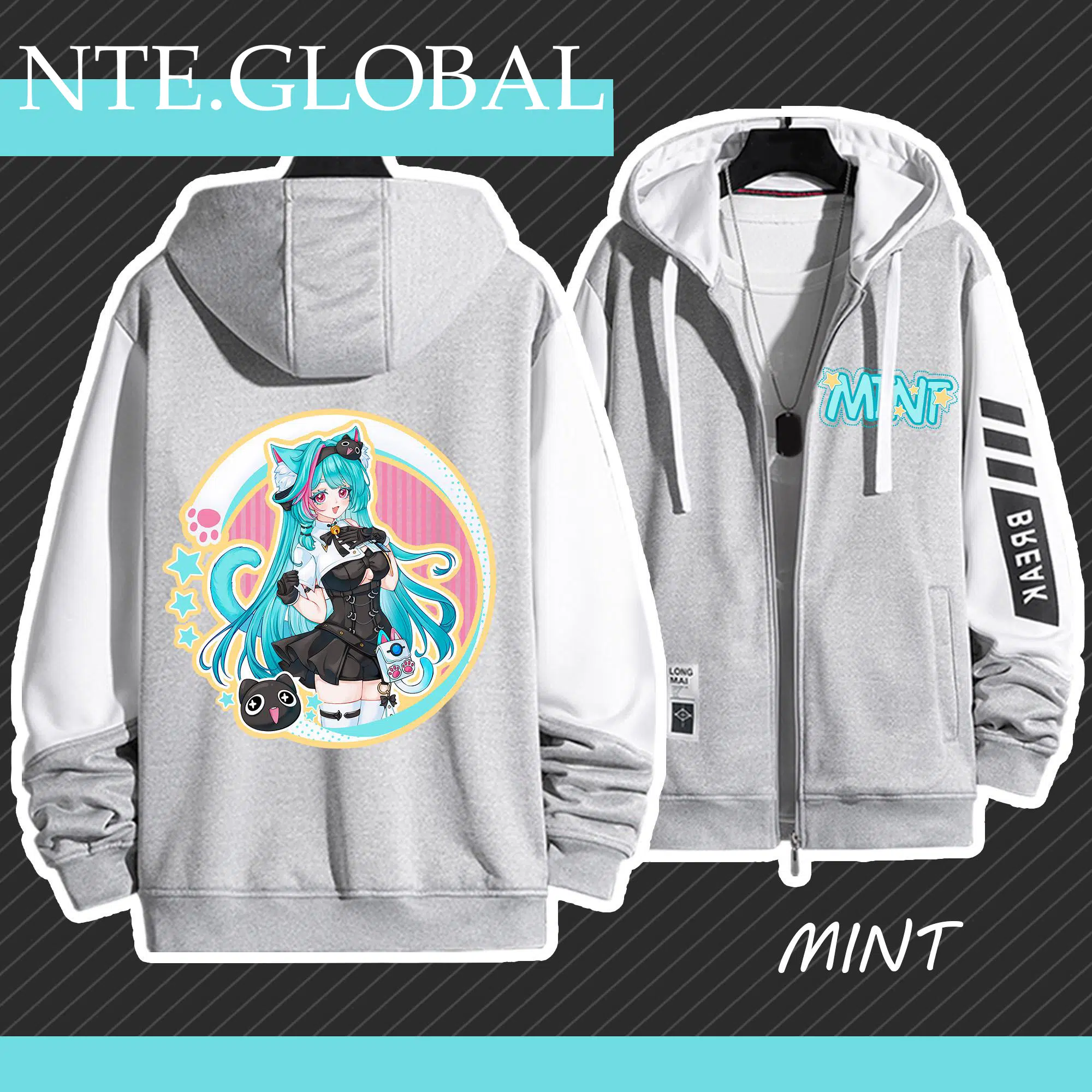 Neverness to Everness Mint windbreaker jacket. Polyester zip-up perfect for spring autumn casual wear, unique anime merch |  | nte.global