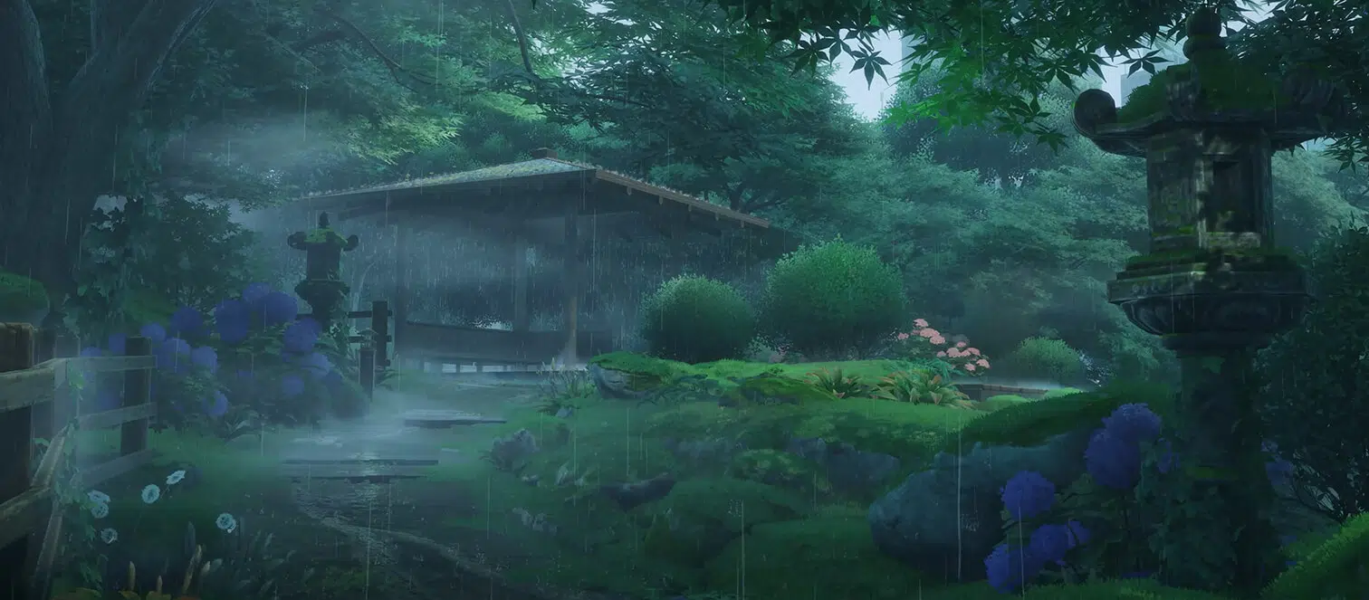 NTE Raindrop Court rainy garden scene in Hethereau | nte.global