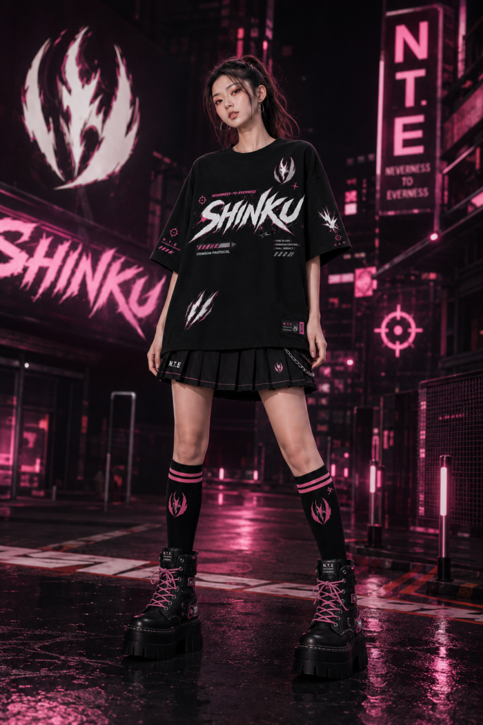 Neverness to Everness (NTE) Shinku “Crimson Protocol” Urban-Pop T-Shirt – Void Slash Streetwear Edition | nte.global NTE グッズ 이환 굿즈 | Shinku, NTE 真紅