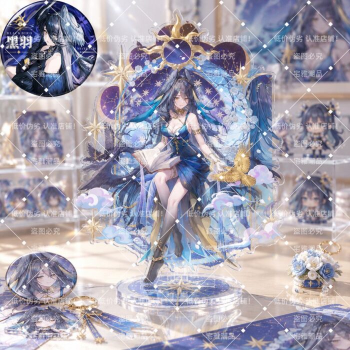 NTE Blackbird Starlight Blue Gown Acrylic Standee and Badge - 10 cm Standee and 58 mm Badge Set